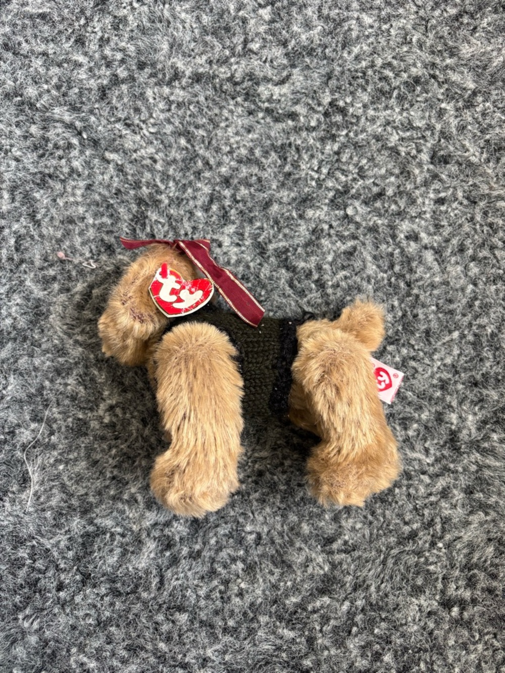 Ty Brown Plush Dog with Red Ribbon and Black Sweater